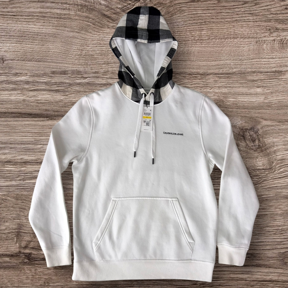 NWT Calvin Klein Men's Minimalist Hoodie With Contrast Checkered Plaid Hood-Med.